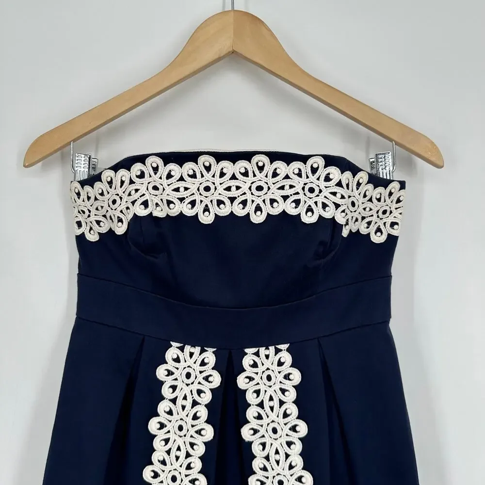 Lilly Pulitzer Betsy Strapless Dress Stretch Floral Eyelet Lace Pleated, Blue - Picture 4 of 9